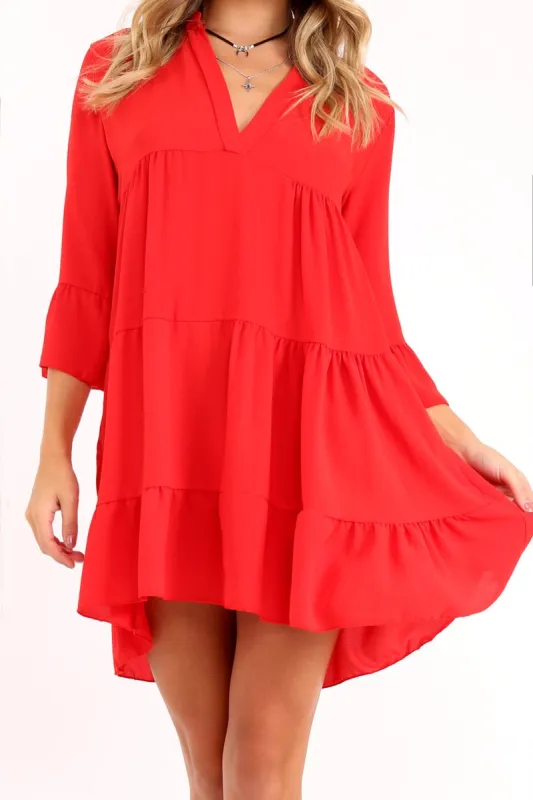 Red Tiered Ruffle Shift Dress - Abri sold by Rebellious Fashion