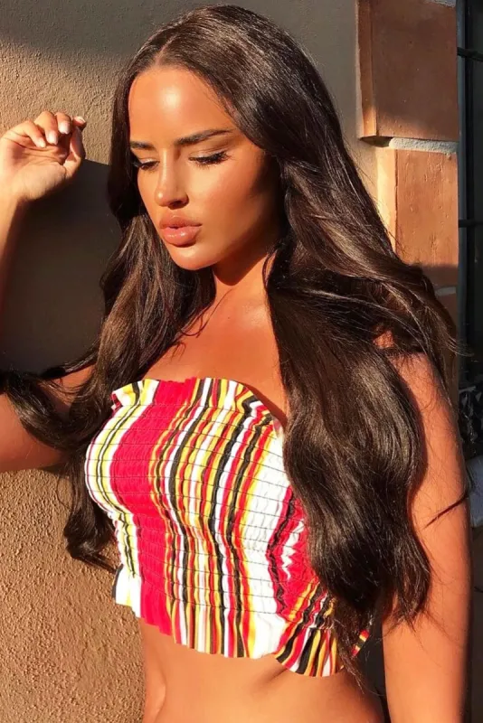 Red Stripe Shirred Frill Bandeau Crop Top - Camren sold by Rebellious Fashion