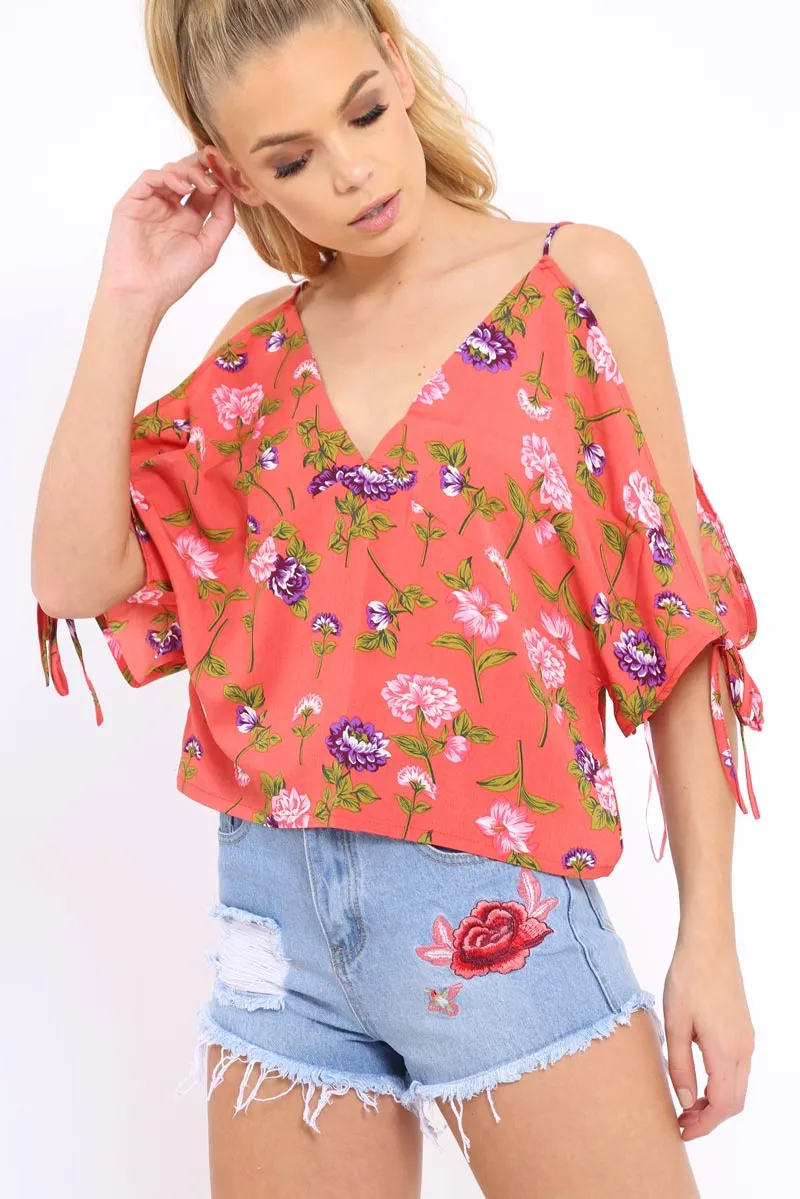 Red Floral Print V-Neck Tie Cold Shoulder Top - Arielle sold by Rebellious Fashion