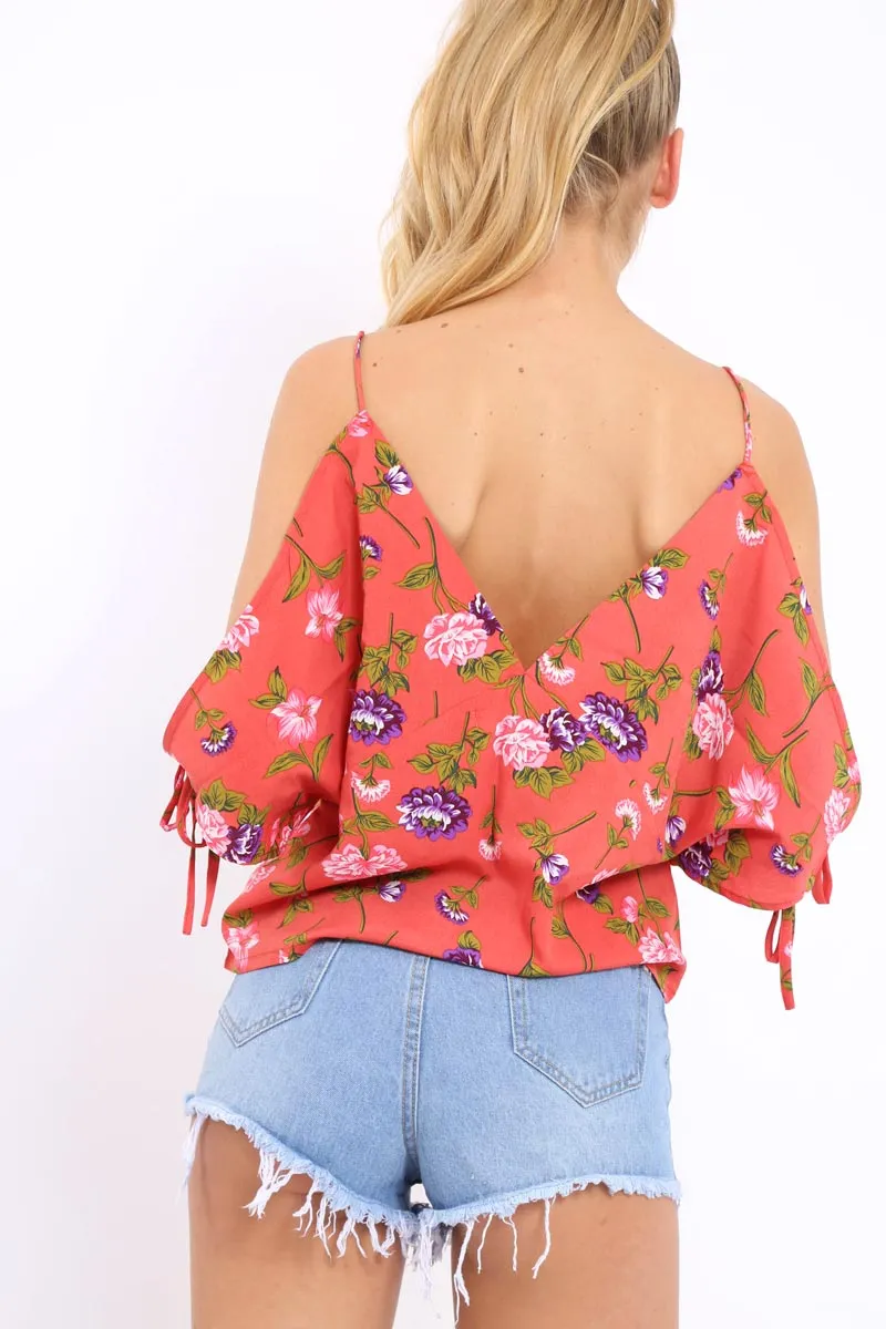 Red Floral Print V-Neck Tie Cold Shoulder Top - Arielle sold by Rebellious Fashion product image thumbnail 3