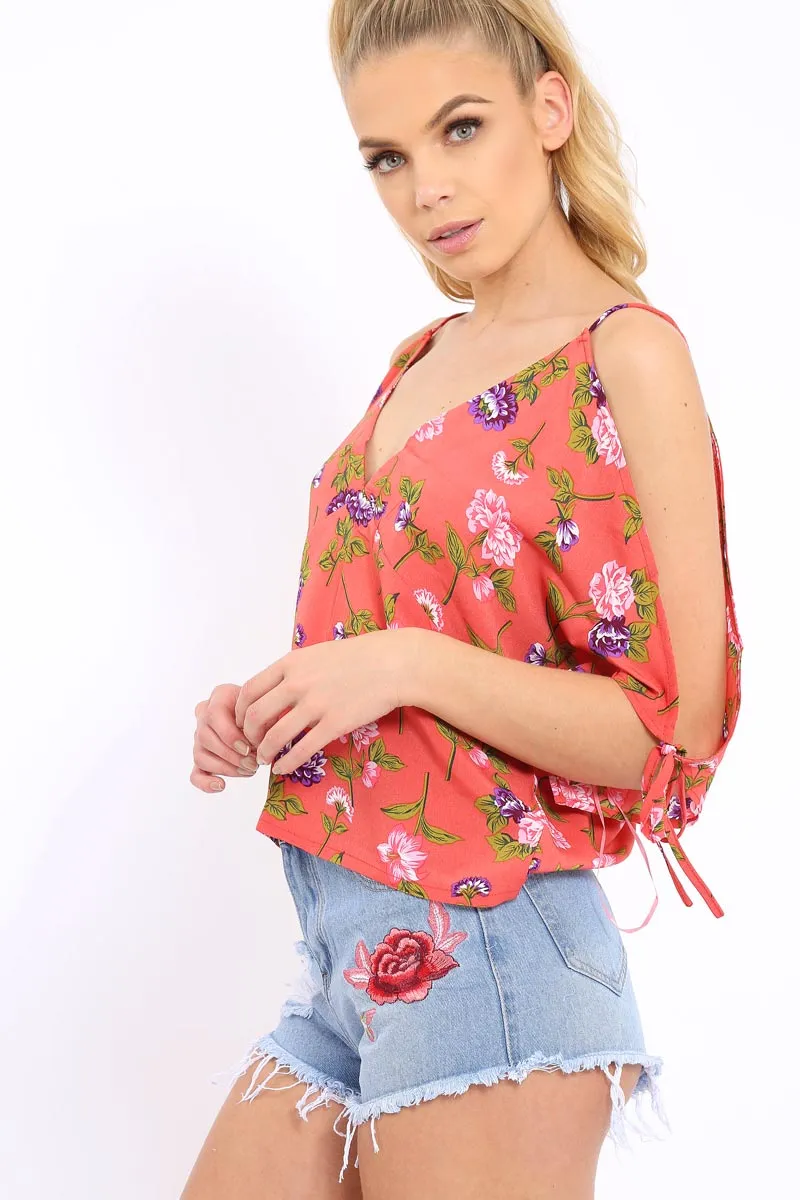 Red Floral Print V-Neck Tie Cold Shoulder Top - Arielle sold by Rebellious Fashion product image thumbnail 2