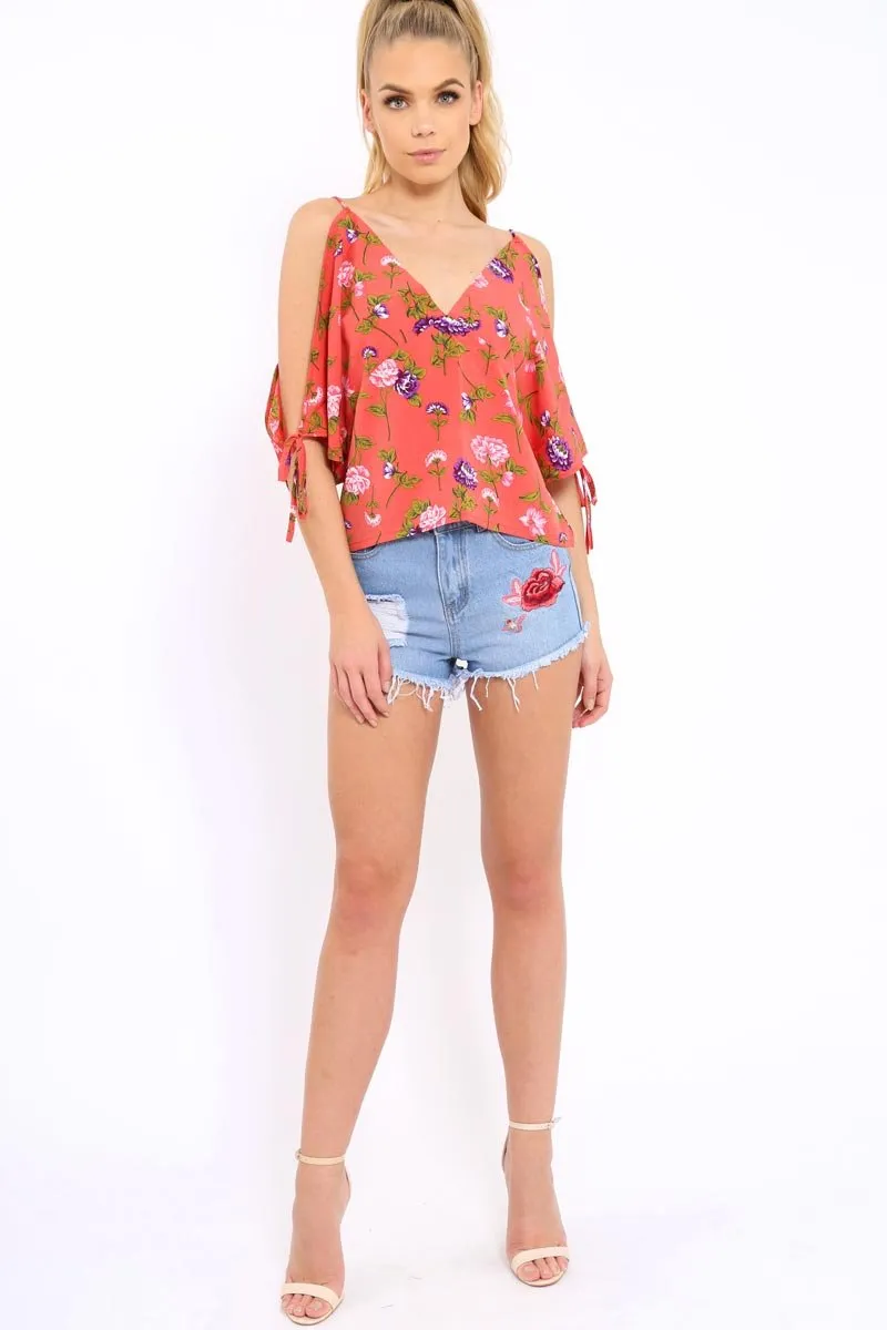Red Floral Print V-Neck Tie Cold Shoulder Top - Arielle sold by Rebellious Fashion product image thumbnail 5