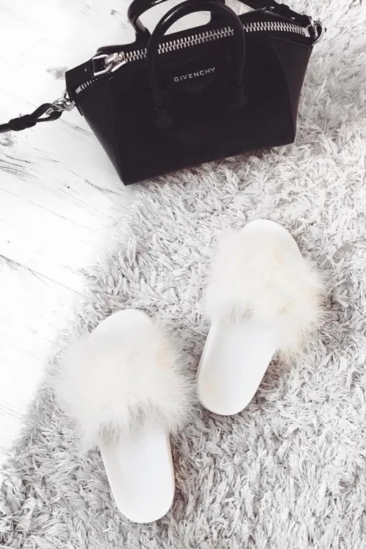 White Faux Feather Sliders - Maci sold by Rebellious Fashion