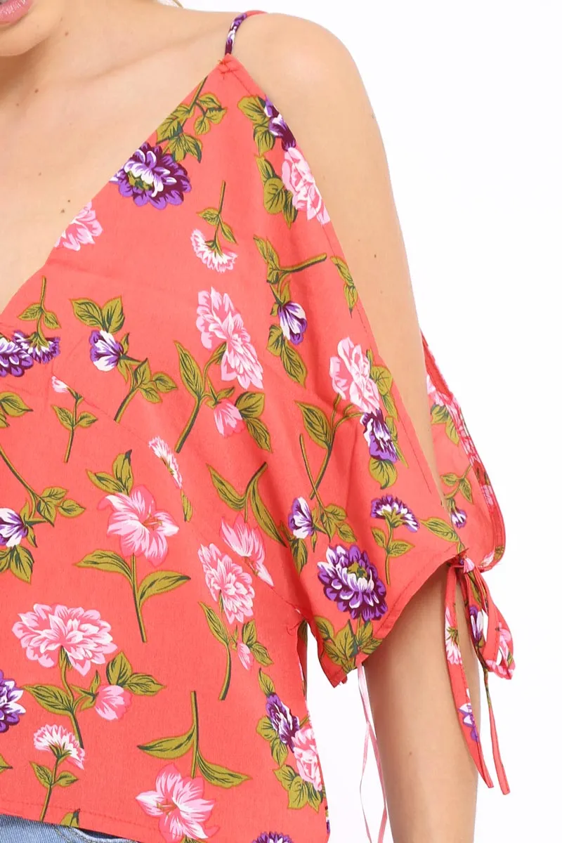 Red Floral Print V-Neck Tie Cold Shoulder Top - Arielle sold by Rebellious Fashion product image thumbnail 4