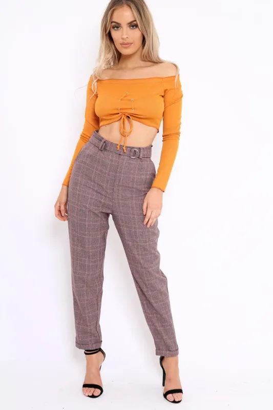 Wine Tartan Ring Belted Tapered Trousers - Klara sold by Rebellious Fashion
