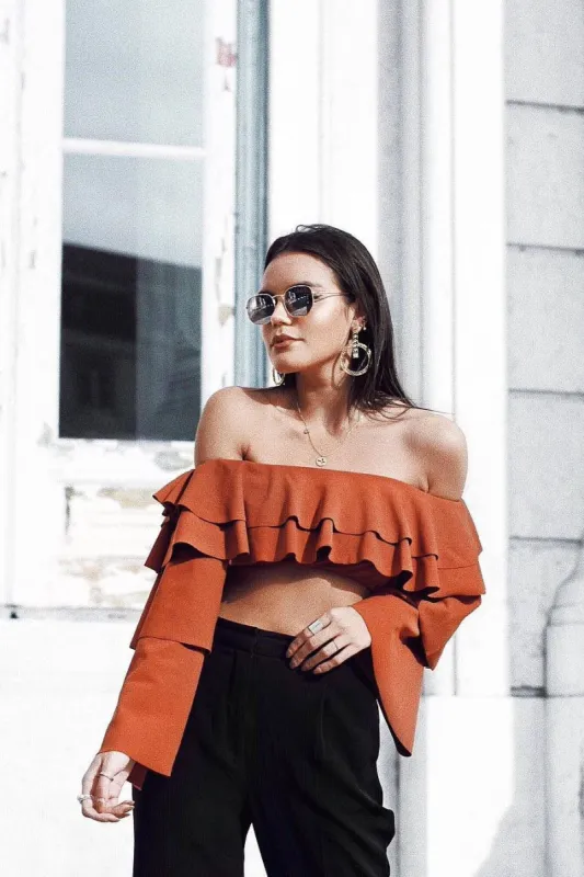 Rust extreme Layered Frill Bardot Crop Top - Nevaeh sold by Rebellious Fashion