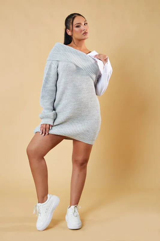 Grey Contrast Knit Oversized Mini Dress - Mae sold by Rebellious Fashion