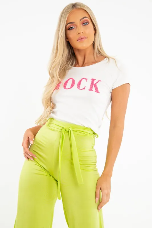 White Pink Rock Slogan Textured T-Shirt - Effie sold by Rebellious Fashion