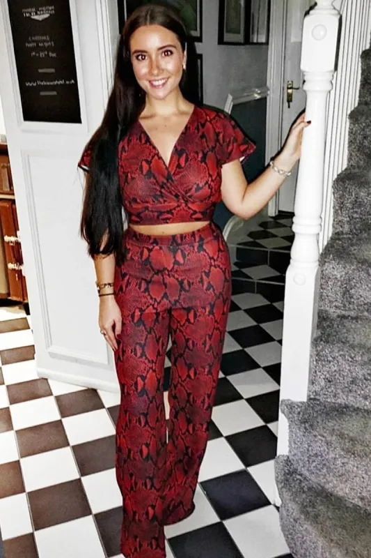 Red Snake Print Tie Back Crop Top And Wide Leg Trouser Co-ord - Georgine made by Rebellious Fashion
