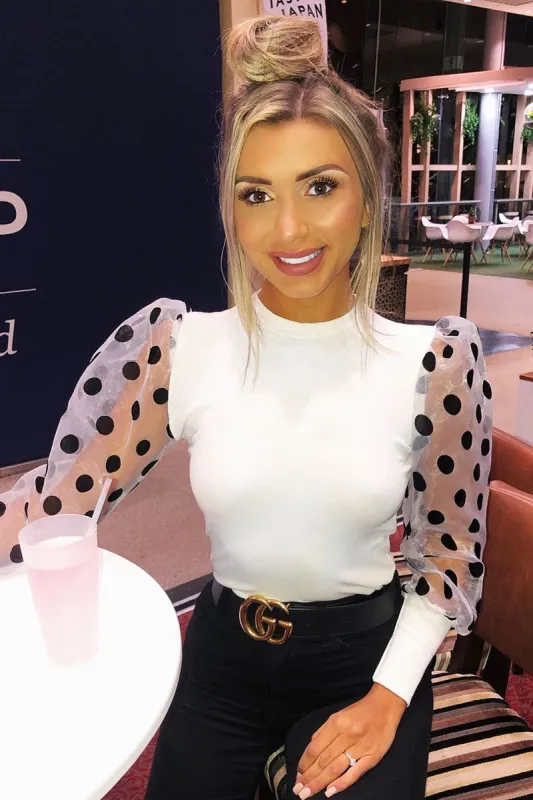 White Polka Dot Puff Sleeve Ribbed Top - Irisa sold by Rebellious Fashion