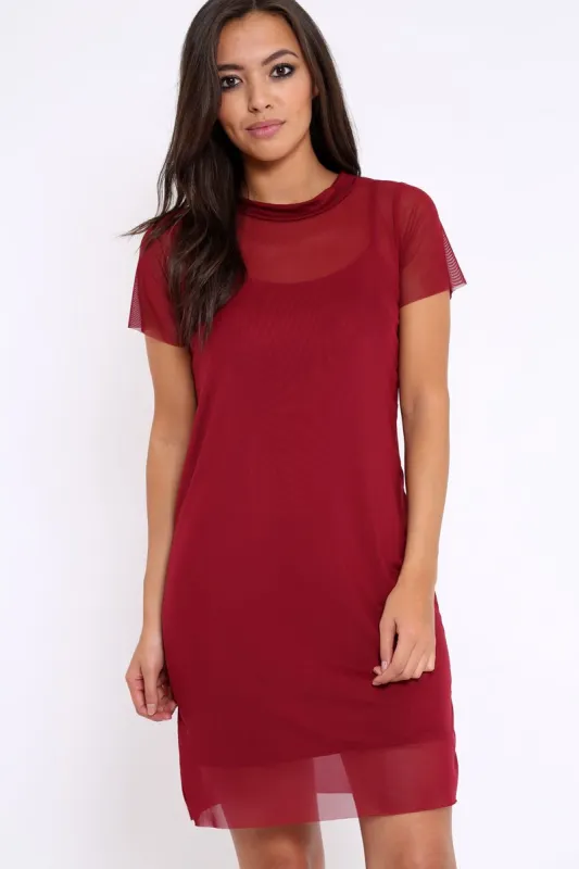 Wine Mesh Overlay T-Shirt Dress - Selena sold by Rebellious Fashion