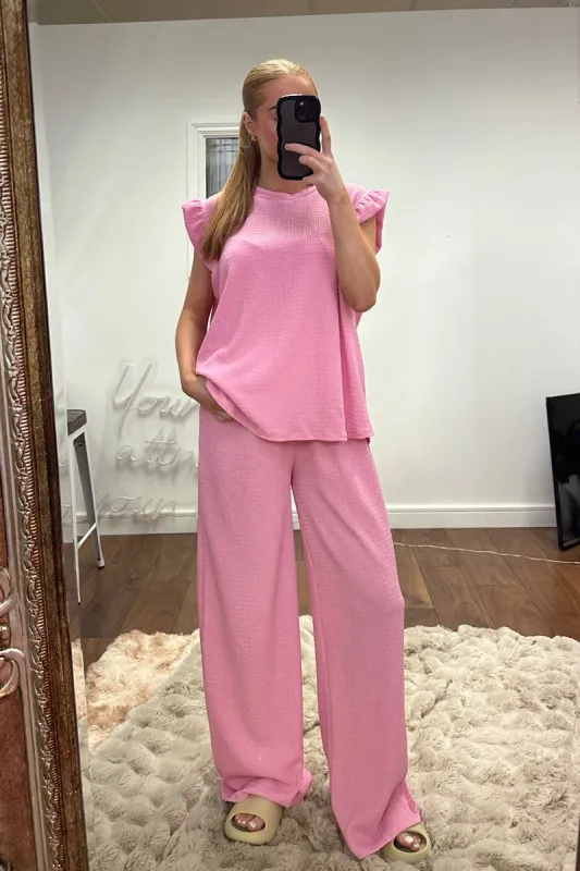 Pink Round Neck Frill Sleeve Top & Straight Leg Trousers Co-ord Set - Ruby sold by Rebellious Fashion