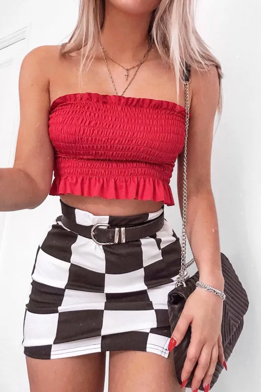 Red Shirred Frill Bandeau Crop Top - Camren sold by Rebellious Fashion