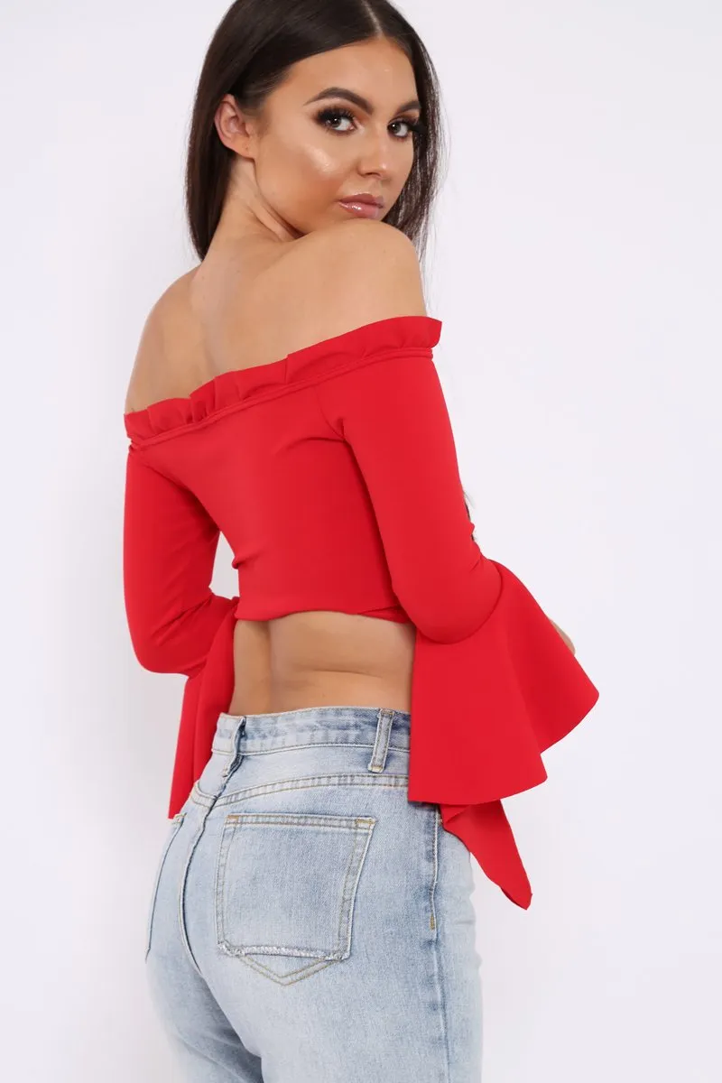Red Bardot Frill Crop Top with Flared Sleeves - Tiffy sold by Rebellious Fashion product image thumbnail 4