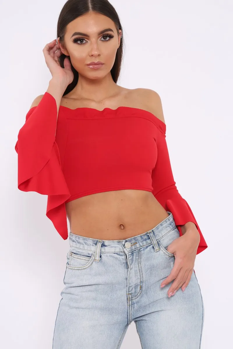 Red Bardot Frill Crop Top with Flared Sleeves - Tiffy sold by Rebellious Fashion