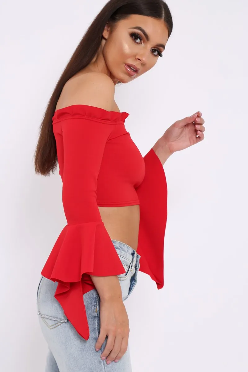 Red Bardot Frill Crop Top with Flared Sleeves - Tiffy sold by Rebellious Fashion product image thumbnail 3