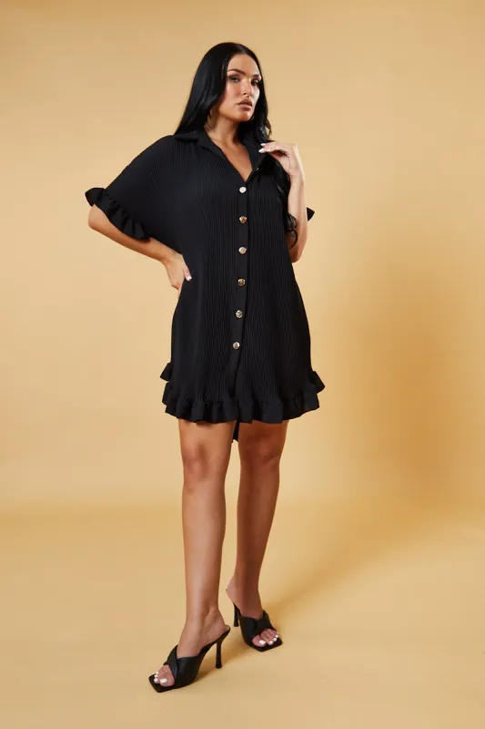 Black Pleat Detail Frill Sleeve Oversized Dress - Sana sold by Rebellious Fashion