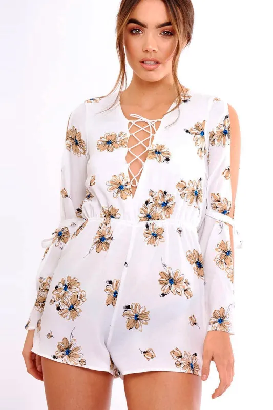 White Floral Print Lace Up Playsuit - Courtney sold by Rebellious Fashion