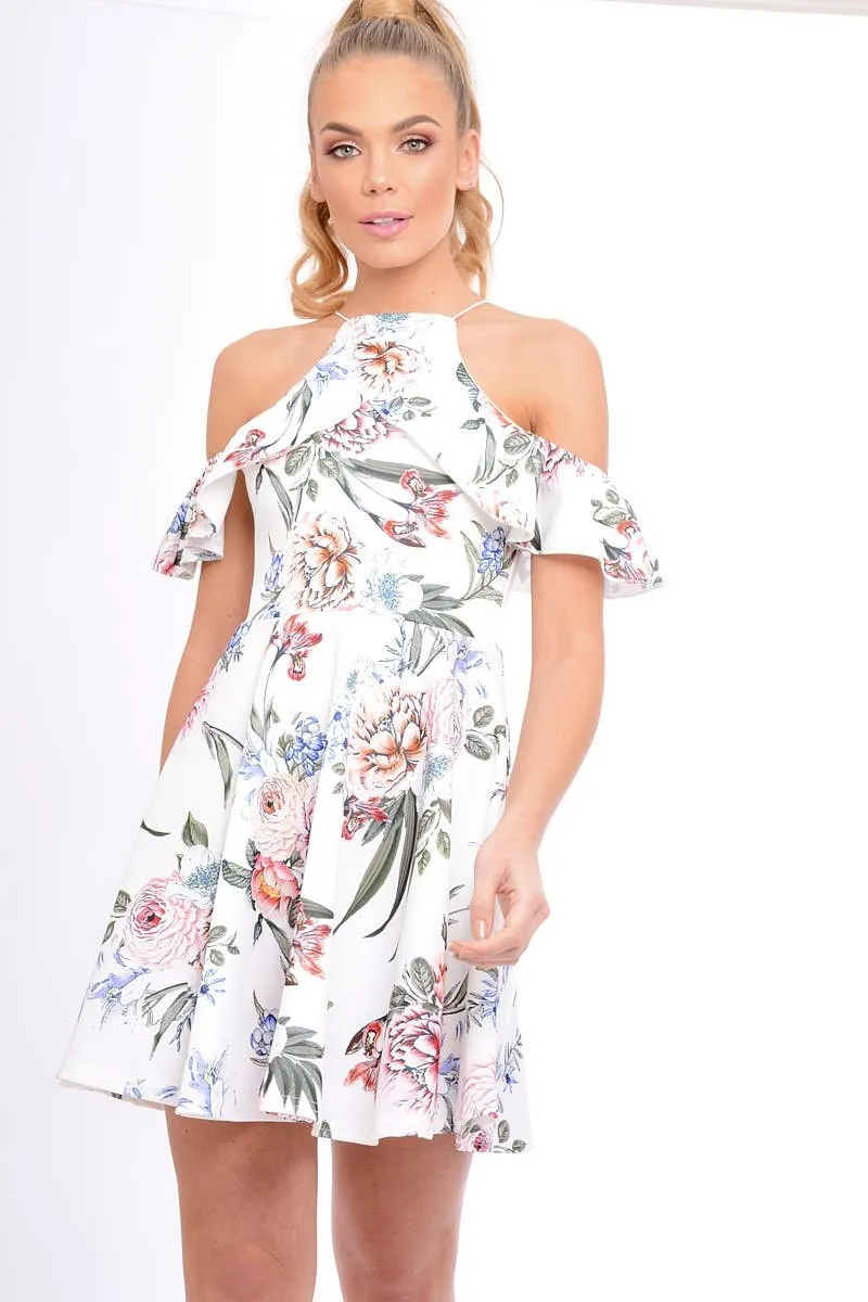 White Floral Cold Shoulder Skater Dress - Zoey sold by Rebellious Fashion
