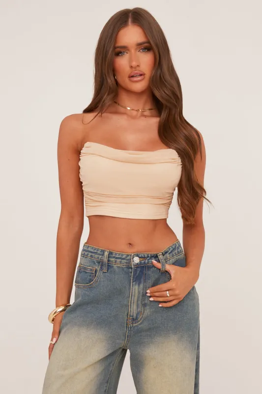 Beige Cowl Neck Corset Detail Cropped Top - Immy sold by Rebellious Fashion