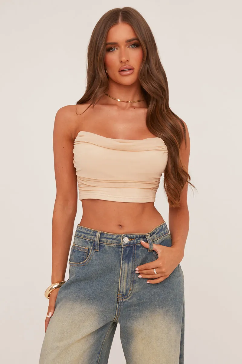 Beige Cowl Neck Corset Detail Cropped Top - Immy sold by Rebellious Fashion