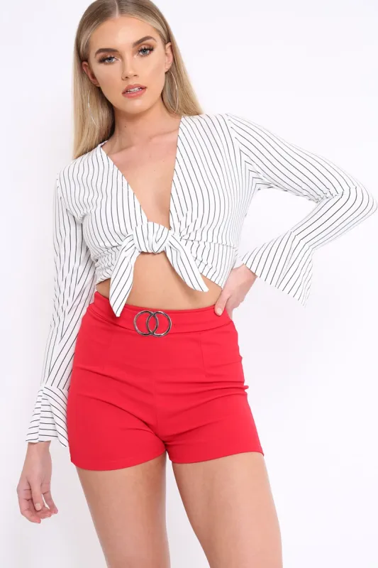 White Striped Plunge Tie Front Flare Sleeve Crop Top - Aimi sold by Rebellious Fashion