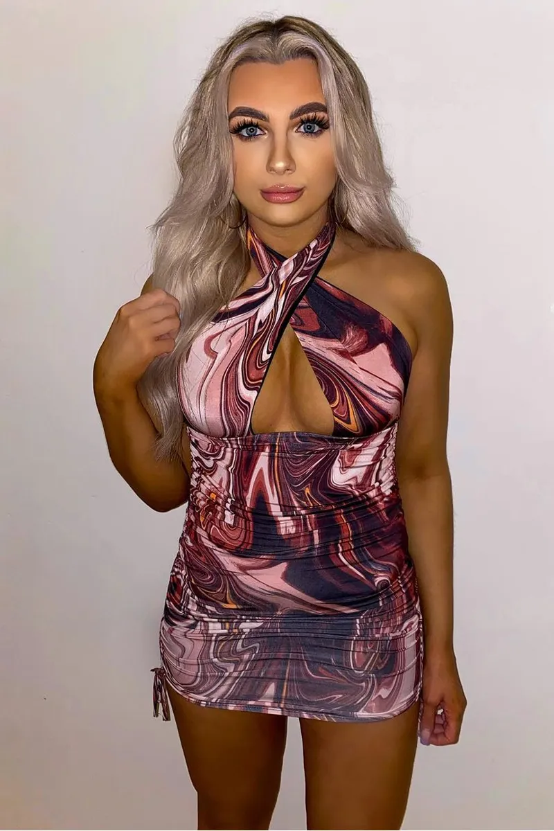 Brown Marble Print Halter Neck Ruched Slinky Mini Dress - Mabell sold by Rebellious Fashion product image thumbnail 4