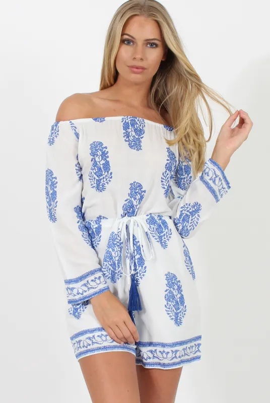 White and Blue Paisley Pattern Off Shoulder Playsuit - Siobhan sold by Rebellious Fashion