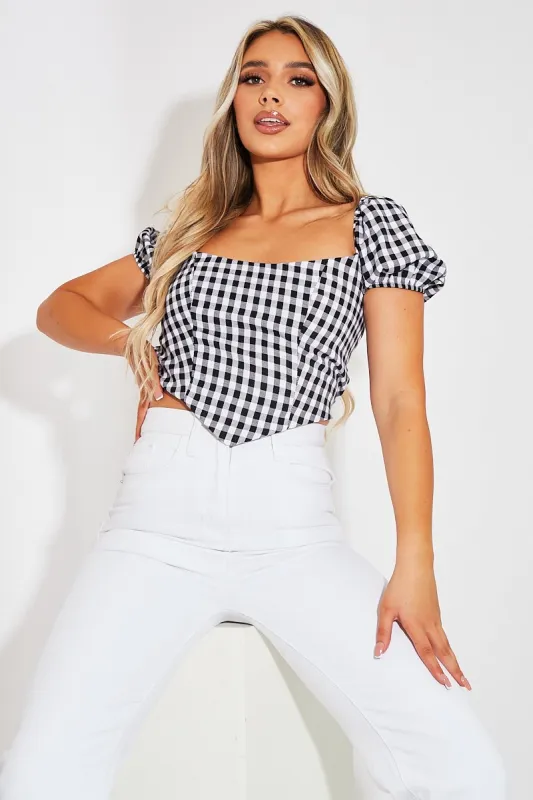 Black Gingham Puff Sleeve Crop Top - Kapri sold by Rebellious Fashion