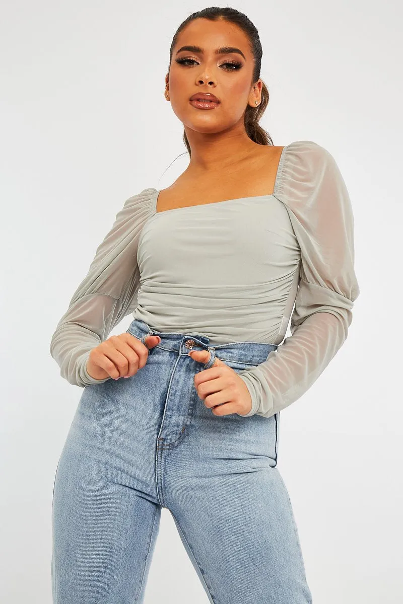 Grey Ruched Body Mesh Sleeve Bodysuit - Raeya sold by Rebellious Fashion product image thumbnail 2