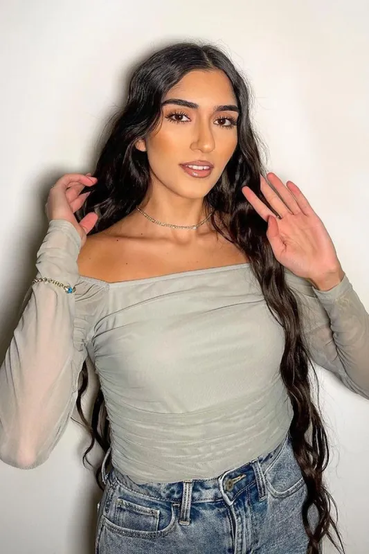 Grey Ruched Body Mesh Sleeve Bodysuit - Raeya sold by Rebellious Fashion