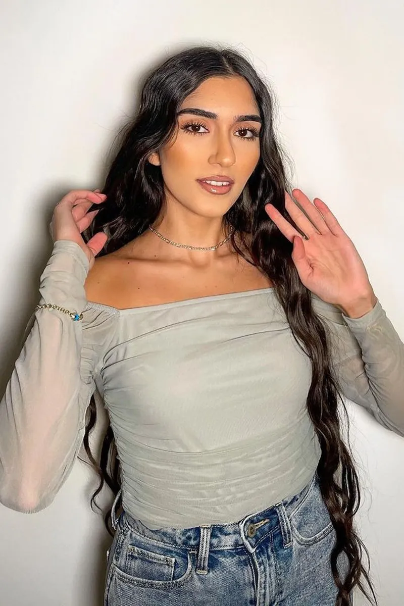 Grey Ruched Body Mesh Sleeve Bodysuit - Raeya sold by Rebellious Fashion