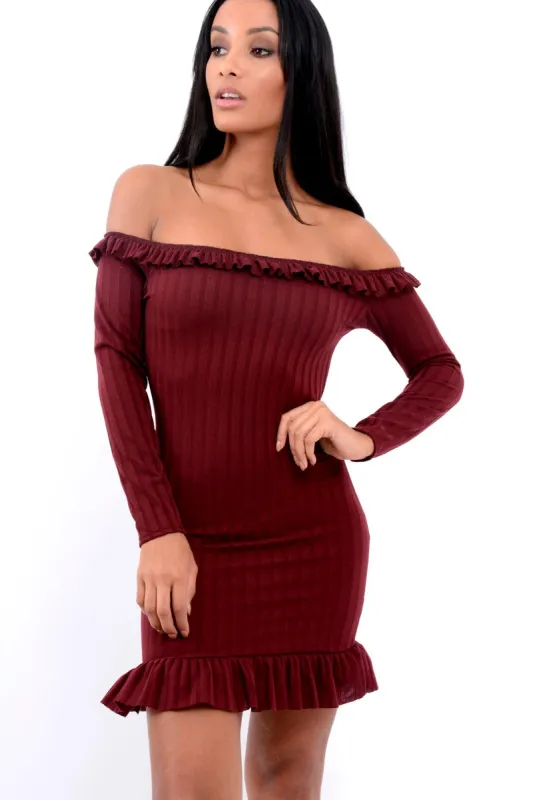 Wine Ruffle Hem Ribbed Bardot Mini Dress - Destiny made by Rebellious Fashion