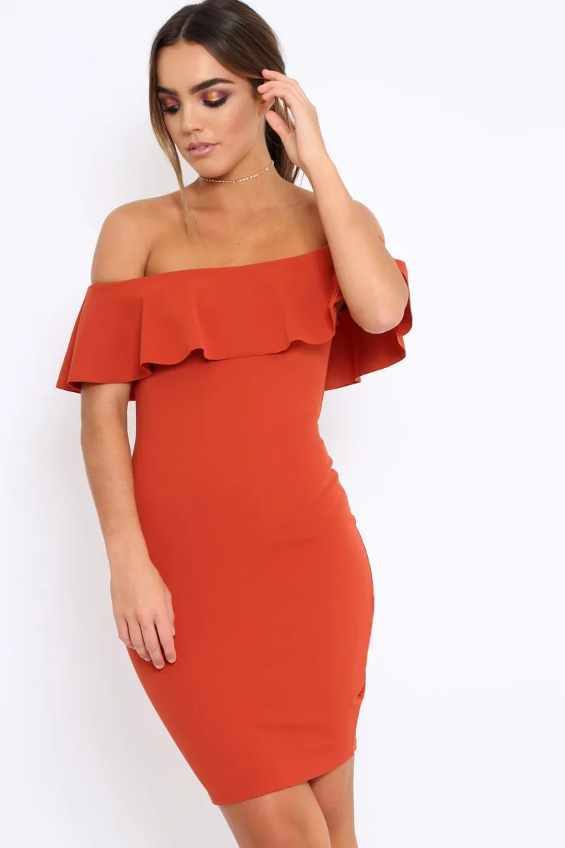 Rust Frill Bardot Midi Dress - Bridget sold by Rebellious Fashion