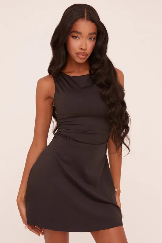 Black Side Ruched Boat Neck Sleeveless Mini Dress - Brayli made by Rebellious Fashion