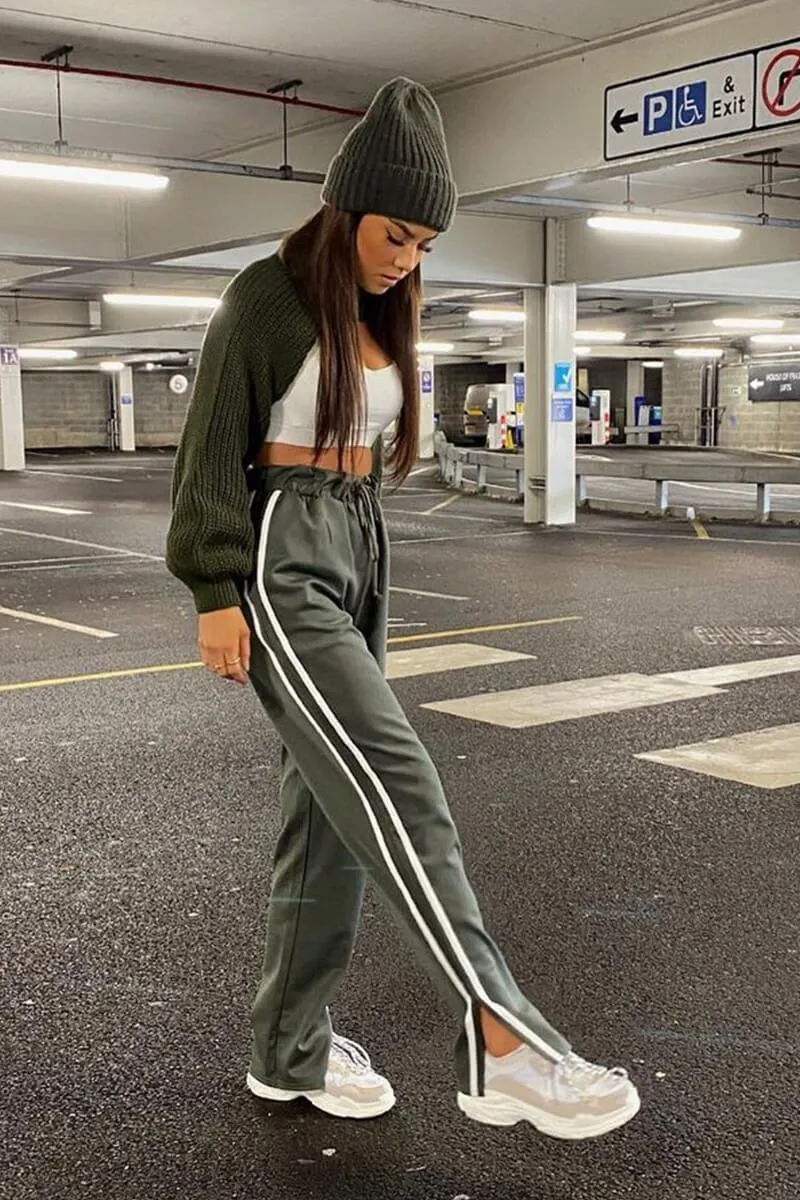 Khaki Side Stripe Split Hem Wide Leg Joggers - Karris sold by Rebellious Fashion