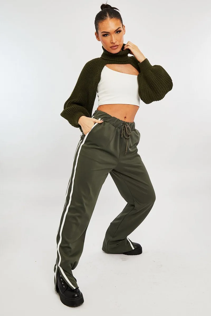 Khaki Side Stripe Split Hem Wide Leg Joggers - Karris sold by Rebellious Fashion product image thumbnail 5