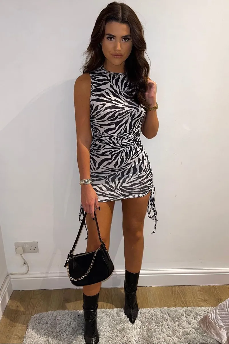 Zebra Print Ribbed Side Ruched Mini Dress - Reni sold by Rebellious Fashion