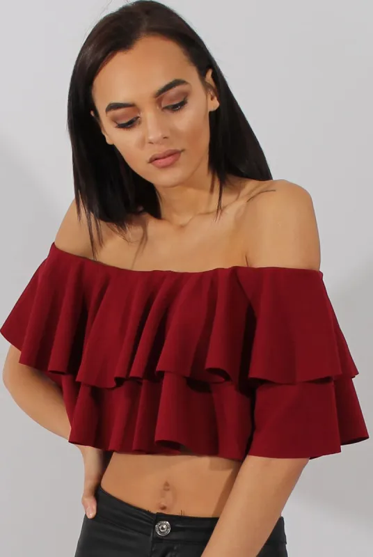 Red Bardot Frill Crop Top - Flissy sold by Rebellious Fashion