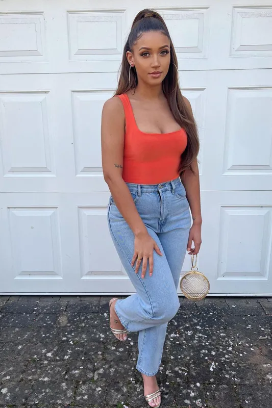 Orange Double Layered Slinky Square Neck Bodysuit - Iriana sold by Rebellious Fashion