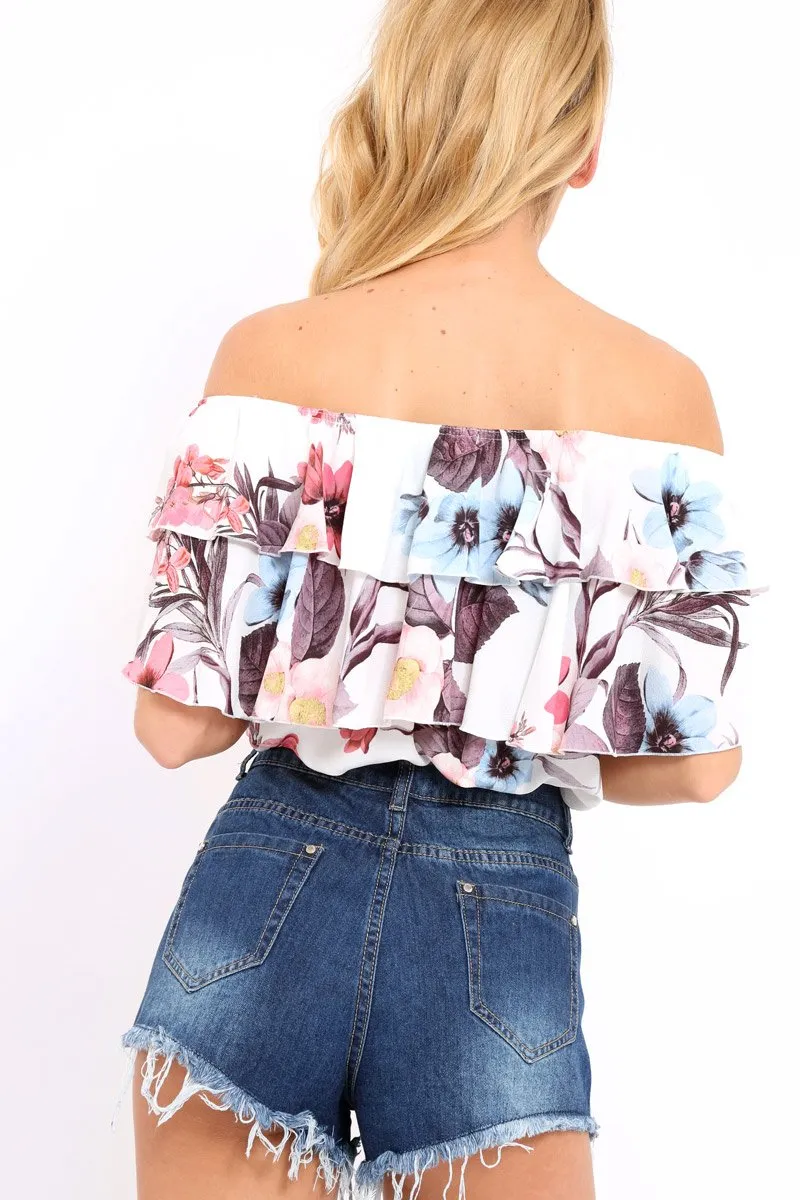 White Floral Print Frill Bardot Crop Top - Pollie sold by Rebellious Fashion product image thumbnail 3