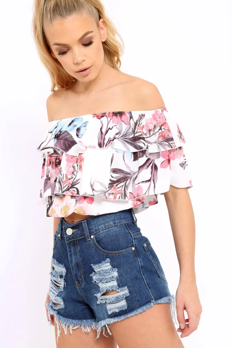 White Floral Print Frill Bardot Crop Top - Pollie sold by Rebellious Fashion product image thumbnail 2