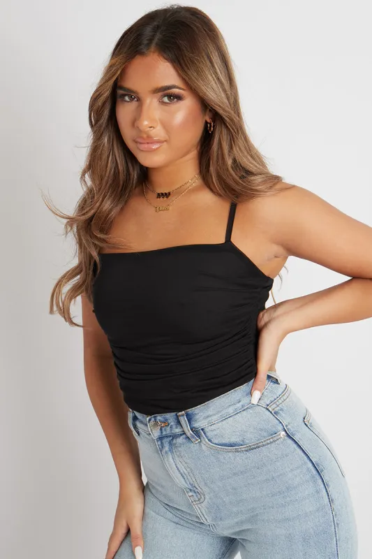 Black Mesh Ruched Bodysuit - Myers sold by Rebellious Fashion