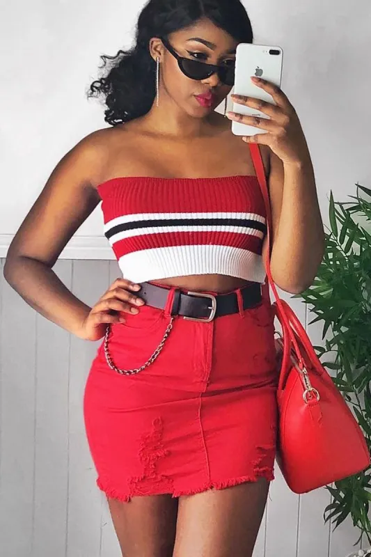 Red Stripe Knit Frill Bandeau Crop Top - Poppy sold by Rebellious Fashion