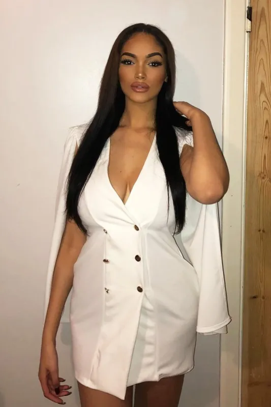 White Button Front Cape Sleeve Blazer Dress - Abraya sold by Rebellious Fashion