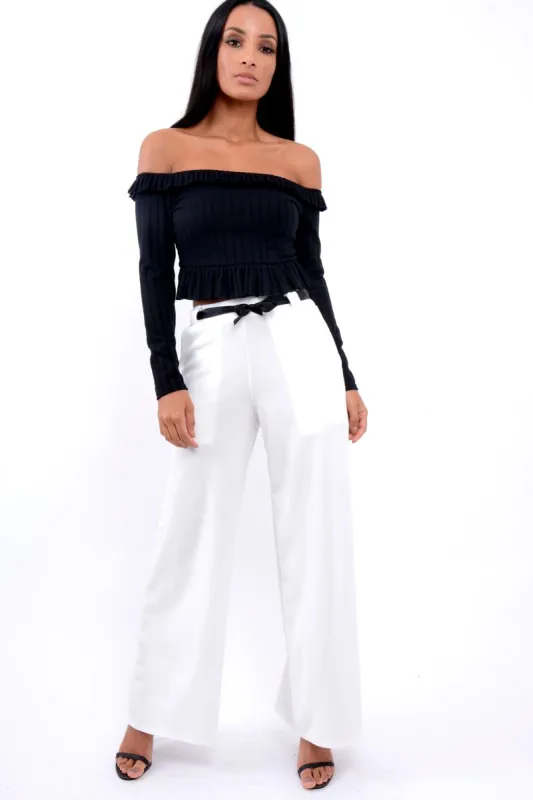 White High Waist Flare Trousers with Black Sash Belt - Lila sold by Rebellious Fashion