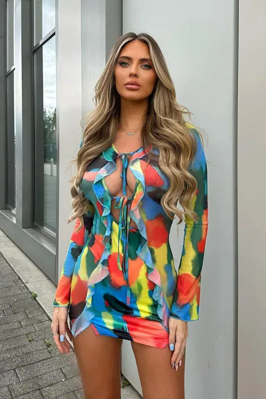 Multi Watercolour Frill Detail Tie Front Mini Dress - Itzel sold by Rebellious Fashion