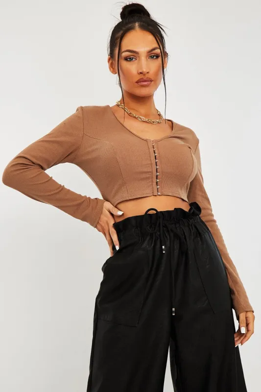 Camel Ribbed Hook Fastening Crop Top - Piper sold by Rebellious Fashion
