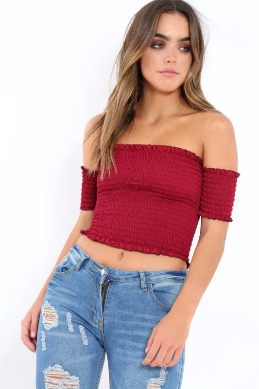 Wine Bardot Frill Shirred Crop Top - Kailah sold by Rebellious Fashion