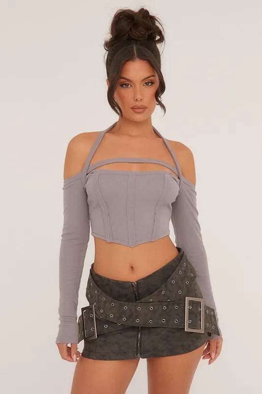 Grey Corset Detail Bardot Cropped Top - Nelli sold by Rebellious Fashion